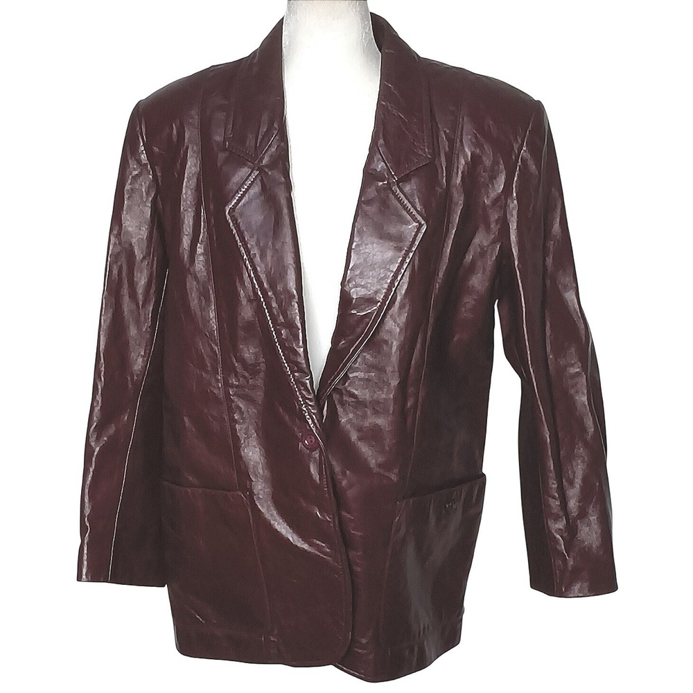 Vintage Etienne Aigner Leather Blazer Women 14 Burgundy Single Button Coat